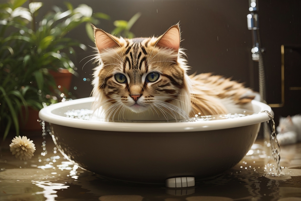 Gato tomando banho