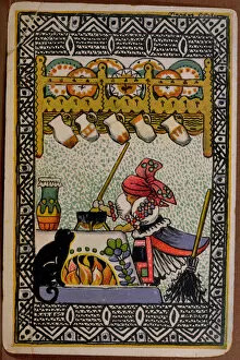 Bruxa preparando uma poção. Junto a ela, um gato preto. Postal de concepção folclórica de Böske Kardos, Hungria, início do século XX.