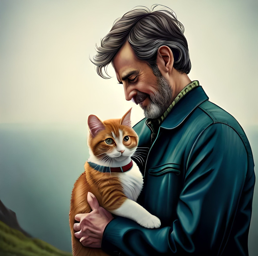 Ilustração da relação carinhosa entre homem e gato