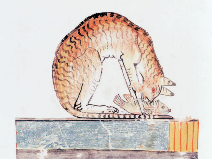 Fresco do Túmulo de Nakht. Detalhe: gato comendo um peixe